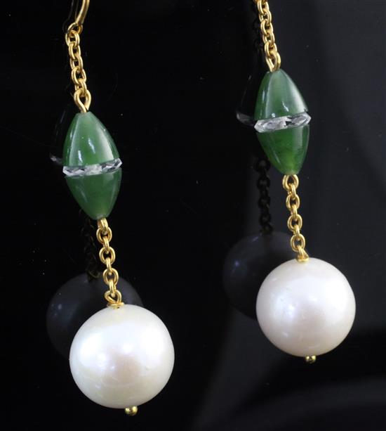 A pair of gold, cultured pearl and chrysophase? drop earrings, 1.75in.